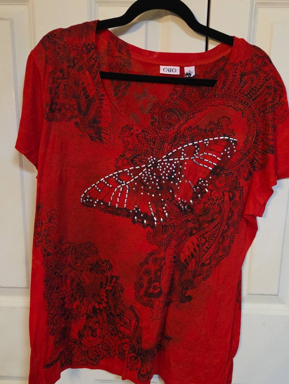 Cato Red Short-Sleeve Top with Studded Butterfly Graphic